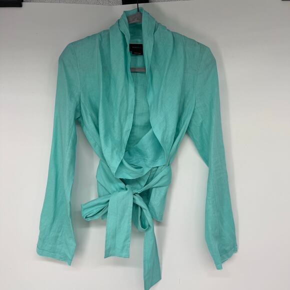 BCBGMaxAzria Tops - BCBGMAXAZRIA 100% Linen Wrap Blouse Women's Size XS Lined Tie Waist Shawl Collar